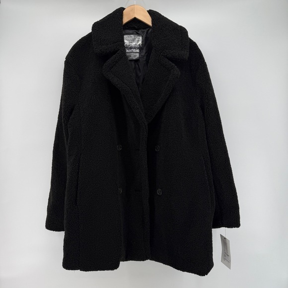 Kensie Womens Black Faux Fur Teddy Coat Double Breasted Pockets Warm Winter NEW - Picture 2 of 16